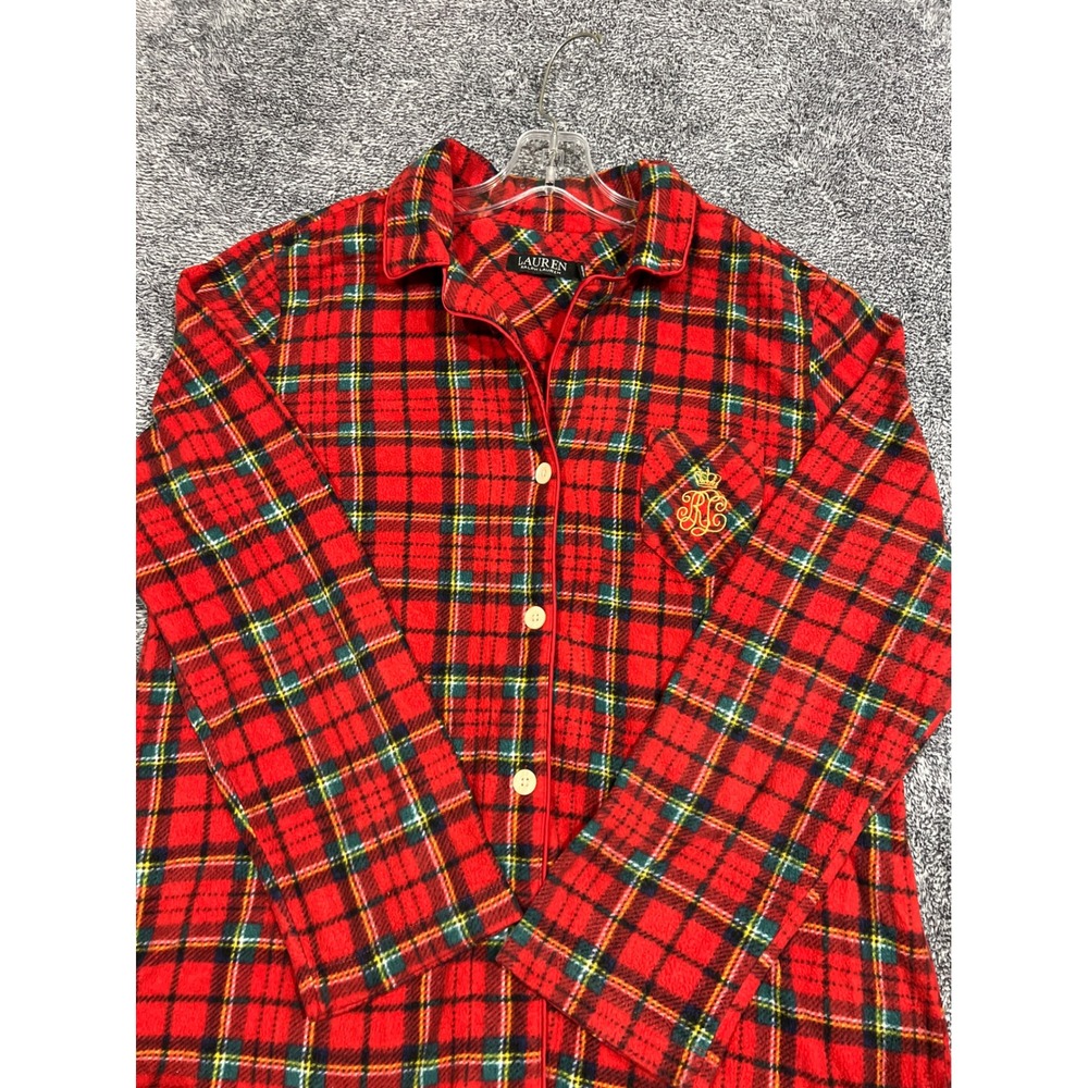 Lauren Ralph Lauren Red Plaid Fleece Pajama Top Crest Logo Large Holiday Sleep